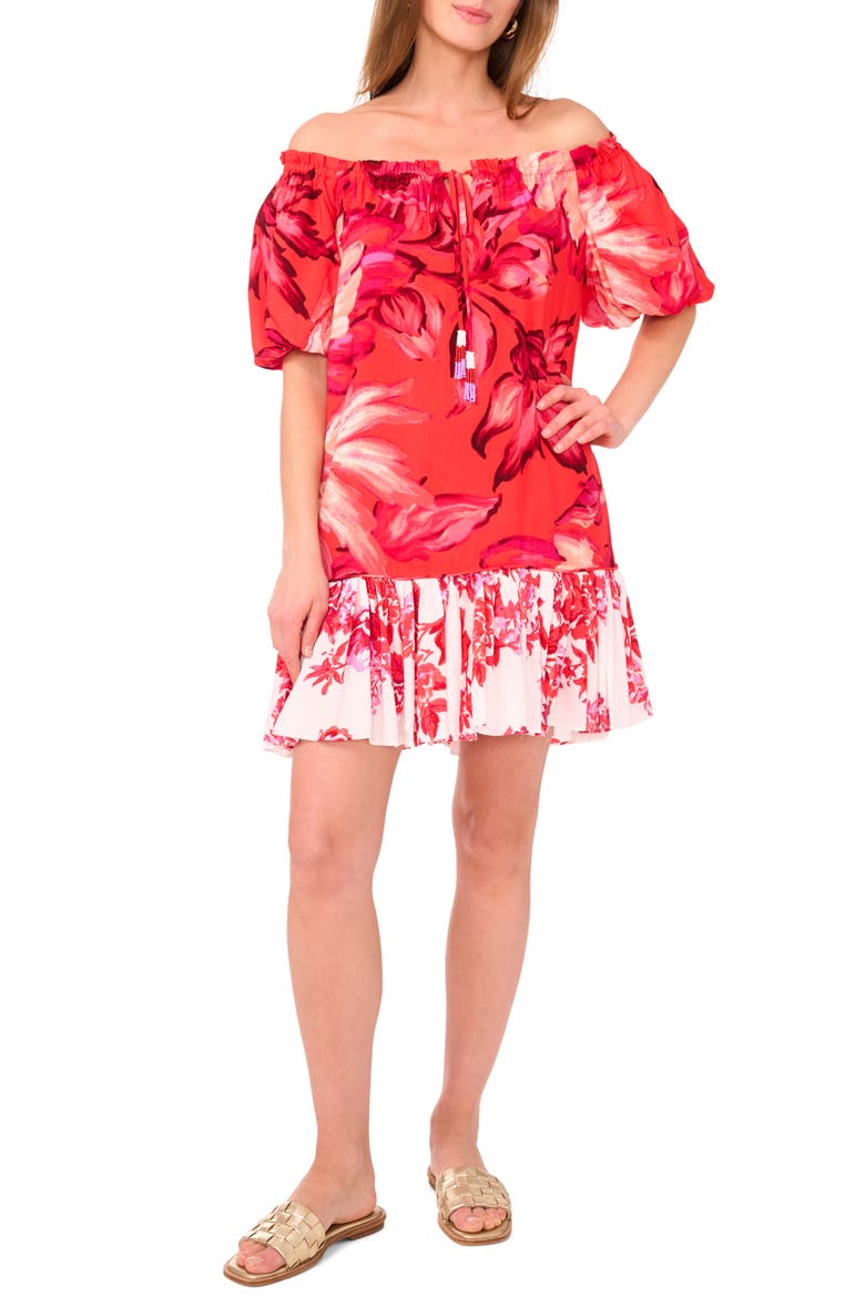 Floral Off the Shoulder Minidress, Main, color, POPPY
