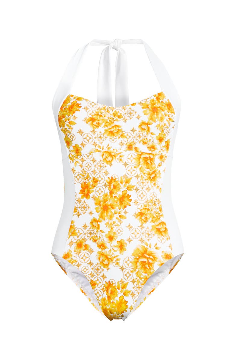 Lands' End Halter Cut Out High Leg One Piece Swimsuit, Alternate, color, Yellow Mosaic Floral/White