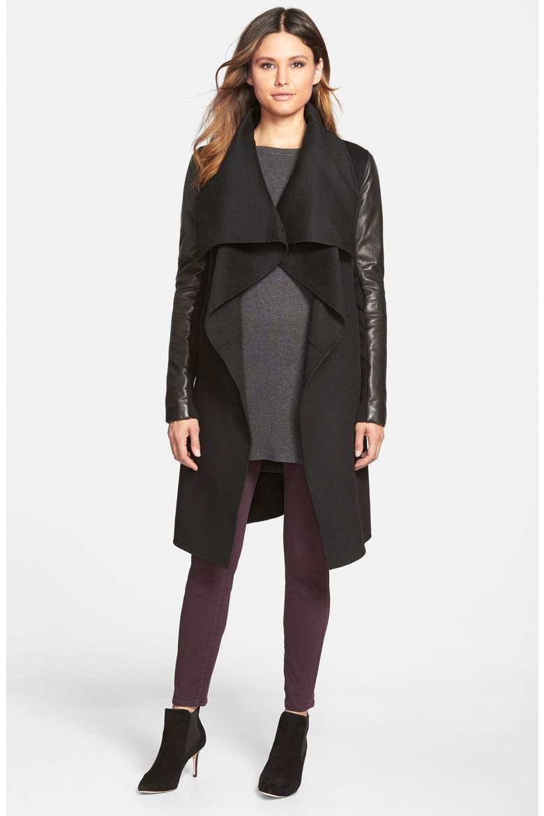 Wool Blend Coat with Leather Sleeves, Main, color, BLACK