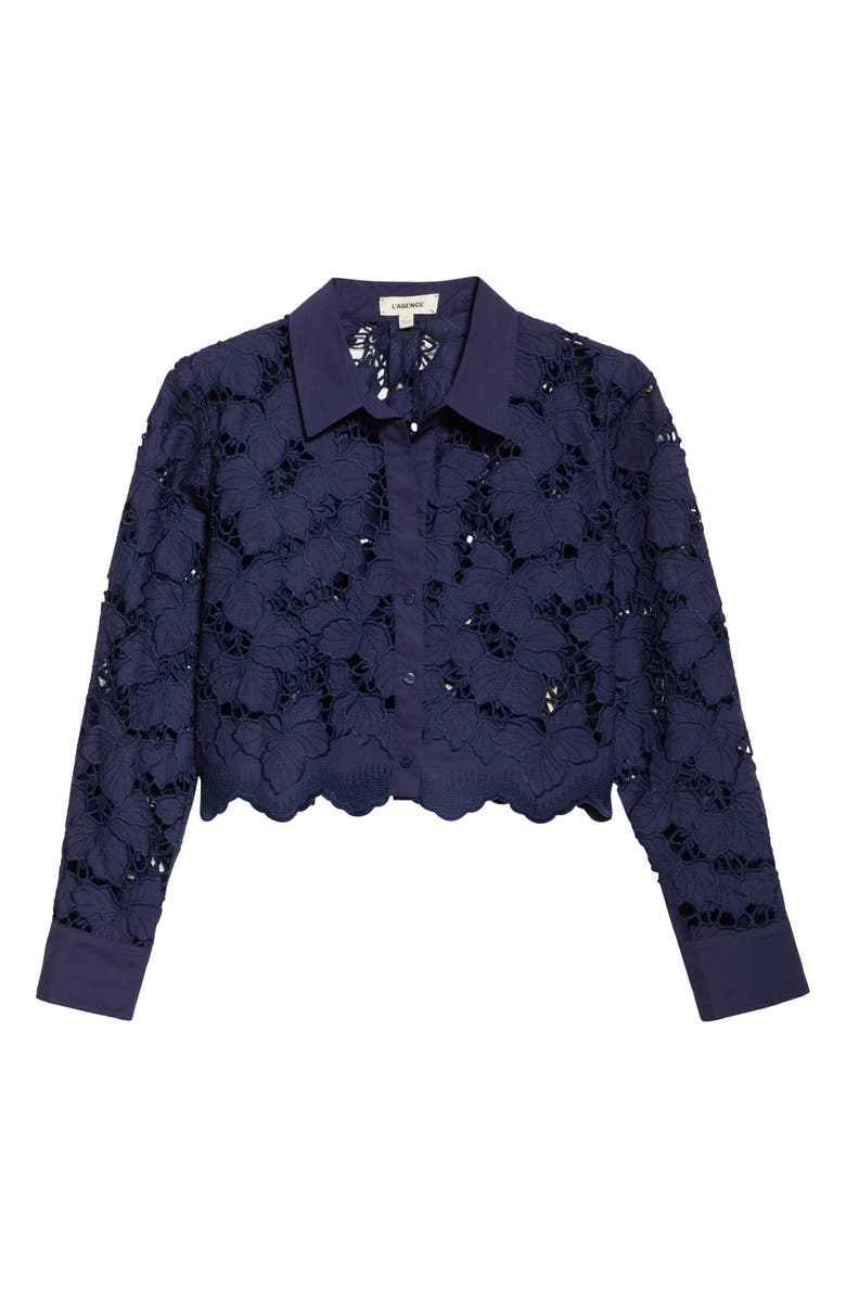 L'AGENCE Seychelle Cutwork Crop Shirt, Alternate, color, Navy