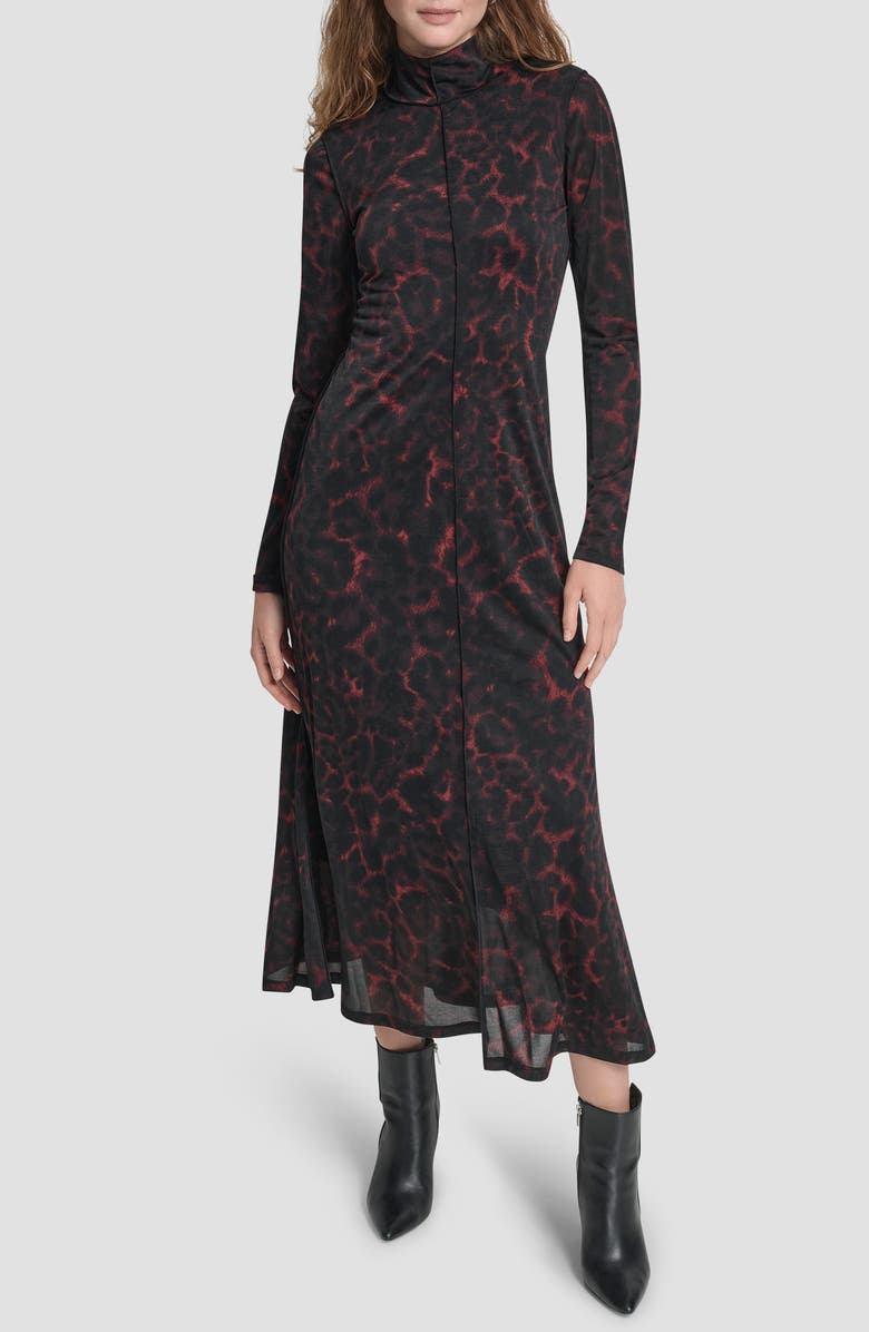 DKNY Seamed Long Sleeve Maxi Dress, Main, color, Merlot Cheetah