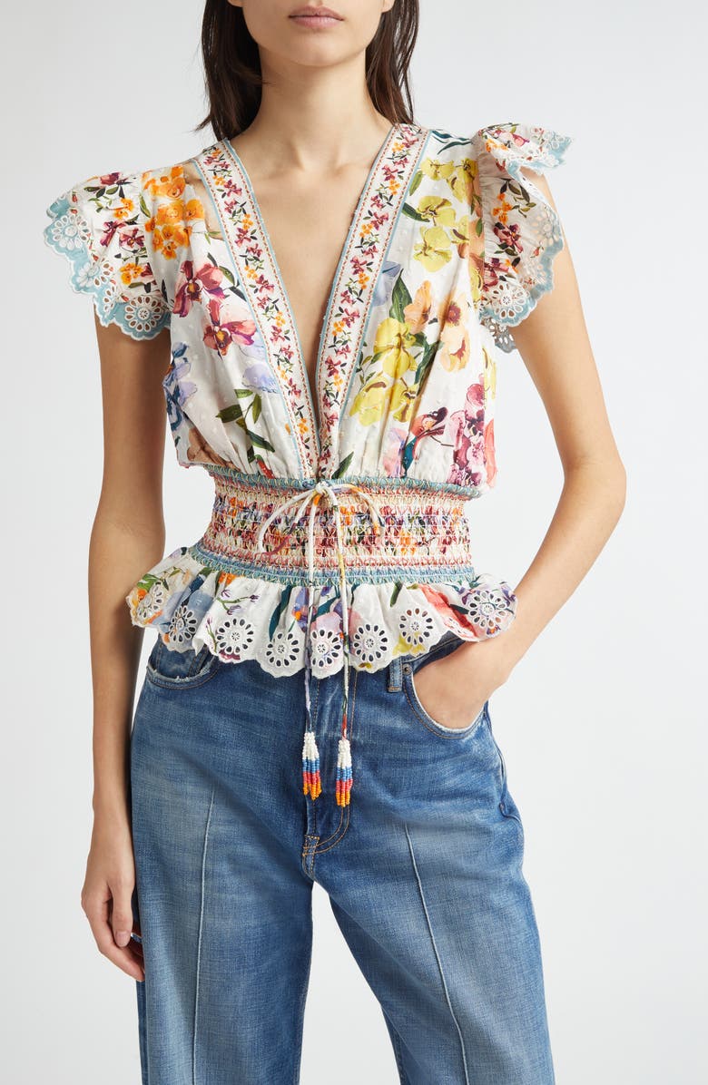 FARM Rio Greek Garden Swiss Dot Flutter Sleeve Plunge Neck Cotton Top, Main, color,