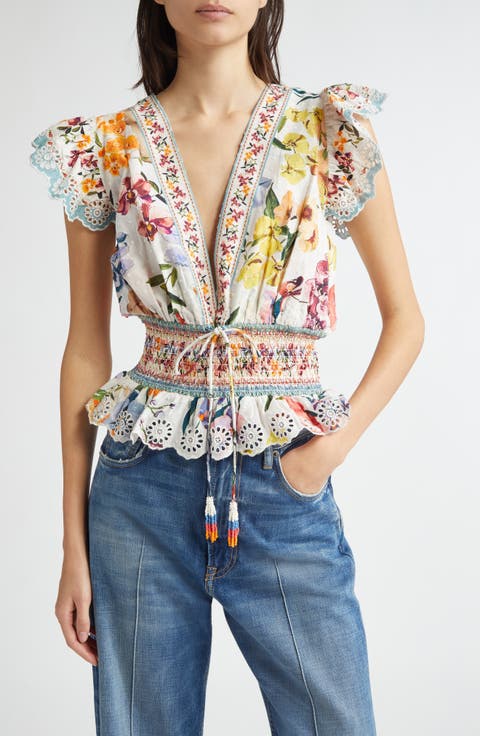 Greek Garden Swiss Dot Flutter Sleeve Plunge Neck Cotton Top