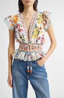 Greek Garden Swiss Dot Flutter Sleeve Plunge Neck Cotton Top