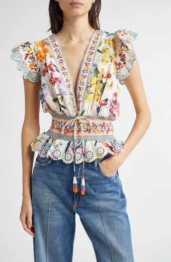 Greek Garden Swiss Dot Flutter Sleeve Plunge Neck Cotton Top