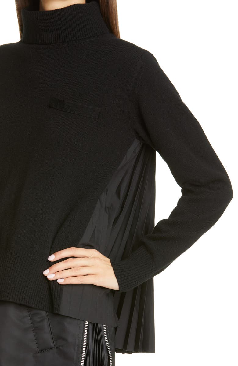 Sacai Contrast Pleated Back Wool Turtleneck Sweater, Alternate, color, 