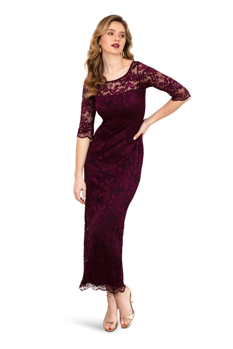 Lila 3/4 Sleeve Lace Maxi Gown, Main, color, Claret