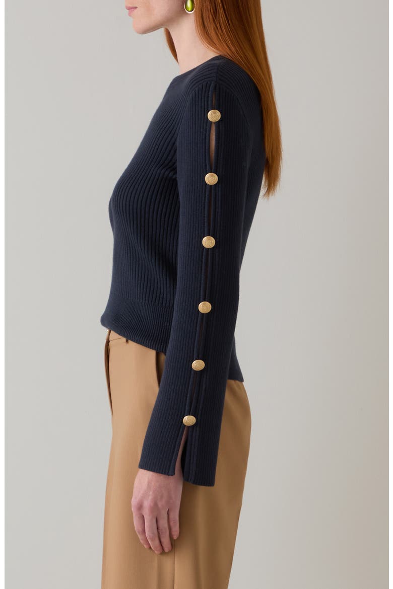 Mirren Button Sleeve Organic Cotton Sweater, Alternate, color, NAVY
