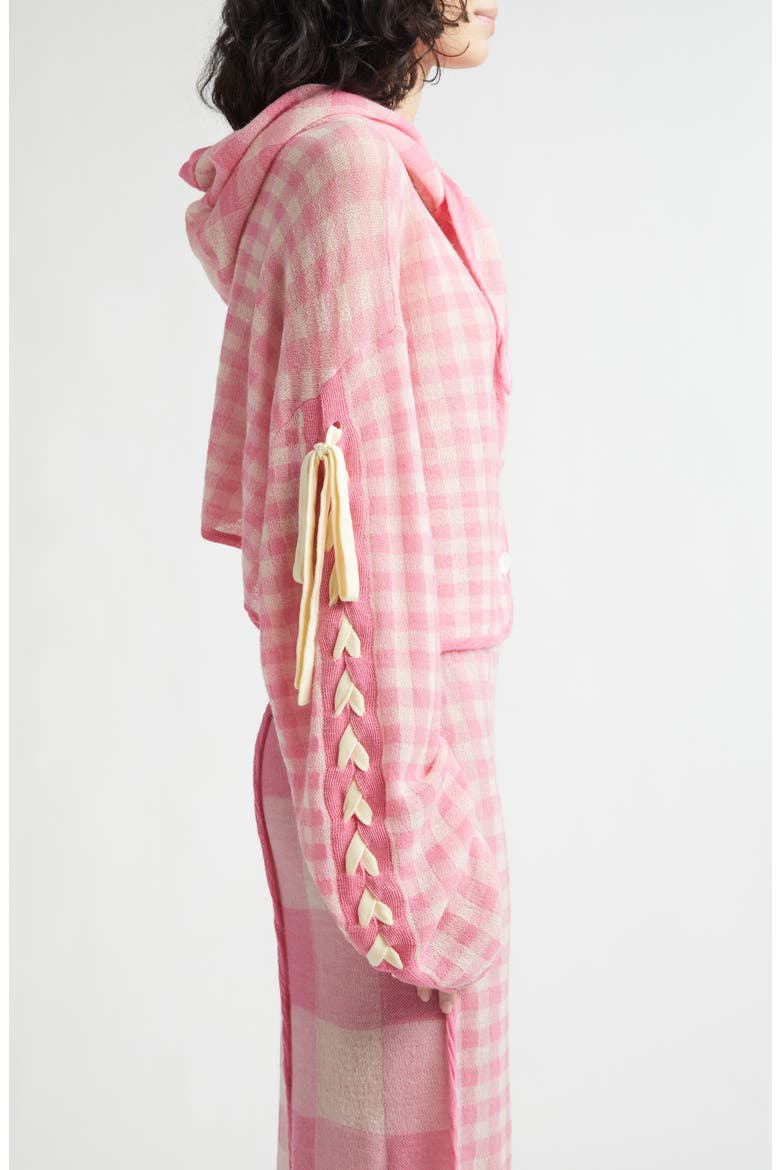 Gingham Check Wool Cardigan with Removable Hood, Alternate, color, PINK