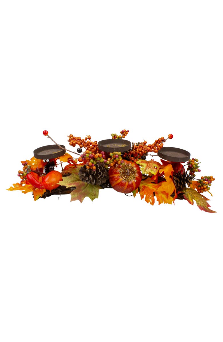 Northlight 21" Orange Fall Harvest Leaves and Pumpkins Candle Holder, Alternate, color, Orange