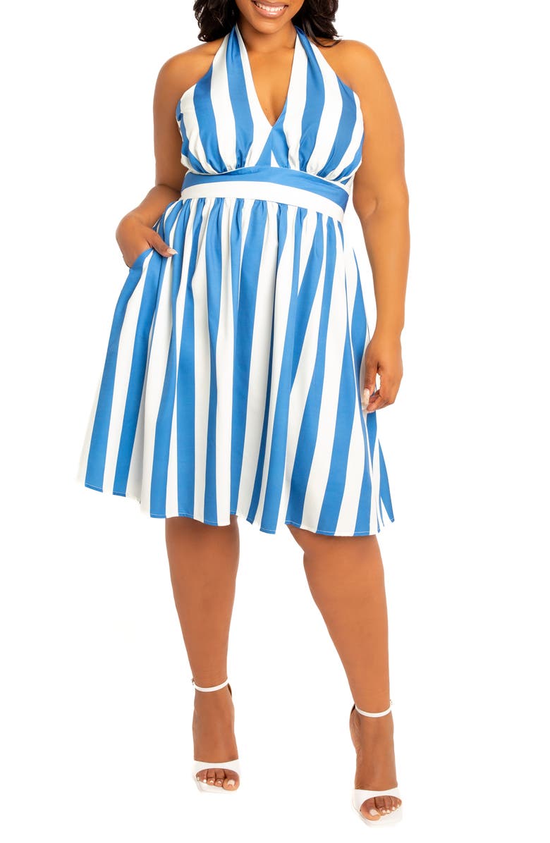 BUXOM COUTURE Stripe Halter Dress, Main, color, Blue Stripe