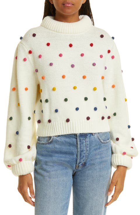 Rainbow Pom Blouson Sleeve Sweater