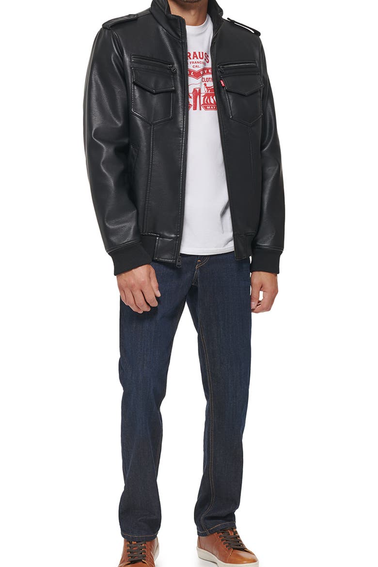 Water Resistant Faux Leather Aviator Bomber Jacket, Alternate, color, BLACK