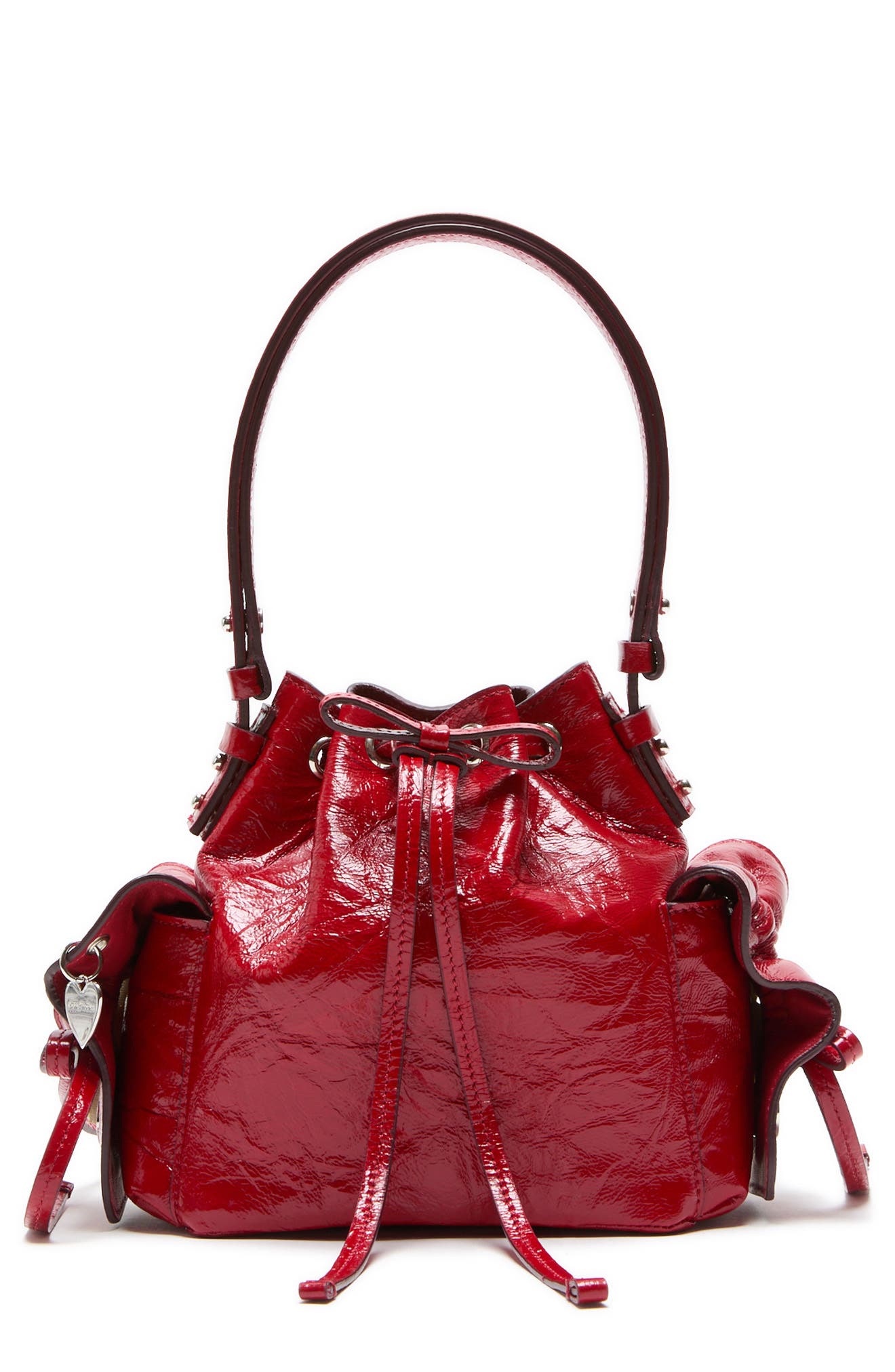 Acne Studios Mini Multipocket Crinkled Shiny Leather Bucket Bag, Main, color, Red