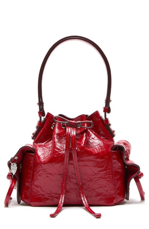 Mini Multipocket Crinkled Shiny Leather Bucket Bag