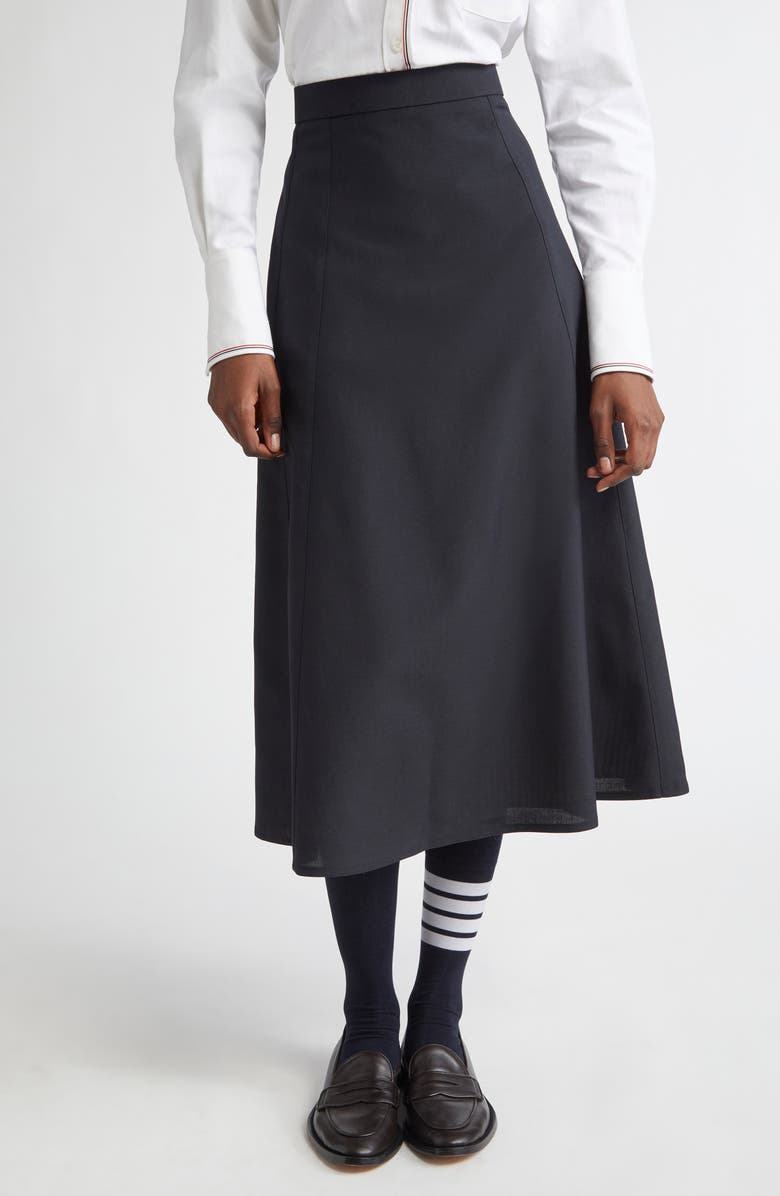Thom Browne Wool Blend A-Line Midi Skirt, Main, color, Black