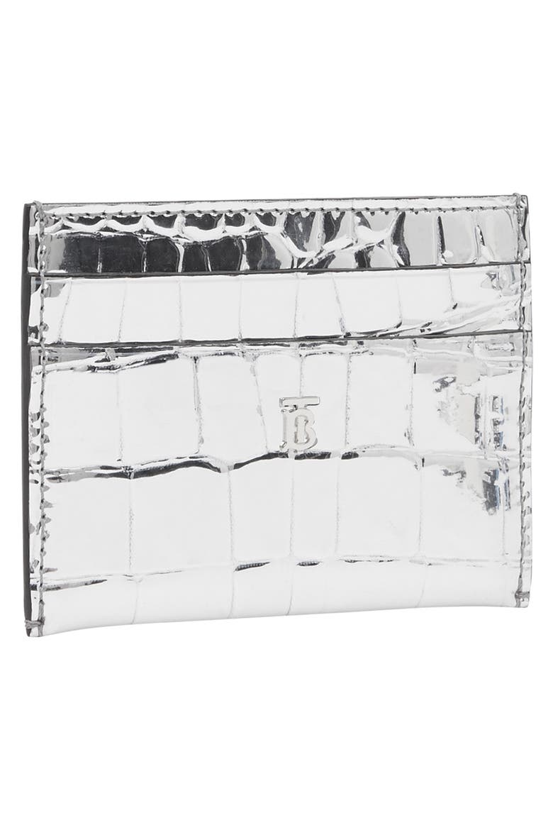 Sandon Metallic Croc Embossed Faux Leather Card Holder, Alternate, color, SILVER