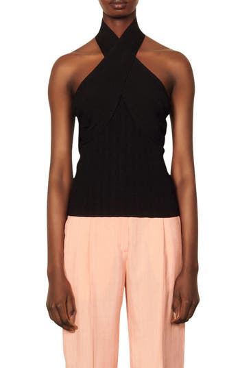 Sandro Twist-neck Backless Stretch-woven Top In Black