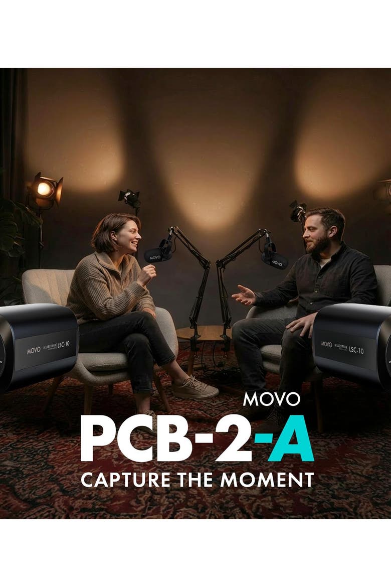 Two Person Video Podcast Equipment Bundle with Two 4K Cameras, USB Audio Interface, 2 XLR Dynamic Microphones, 2 Tripods, and 2 Boom Arms, Alternate, color, Black