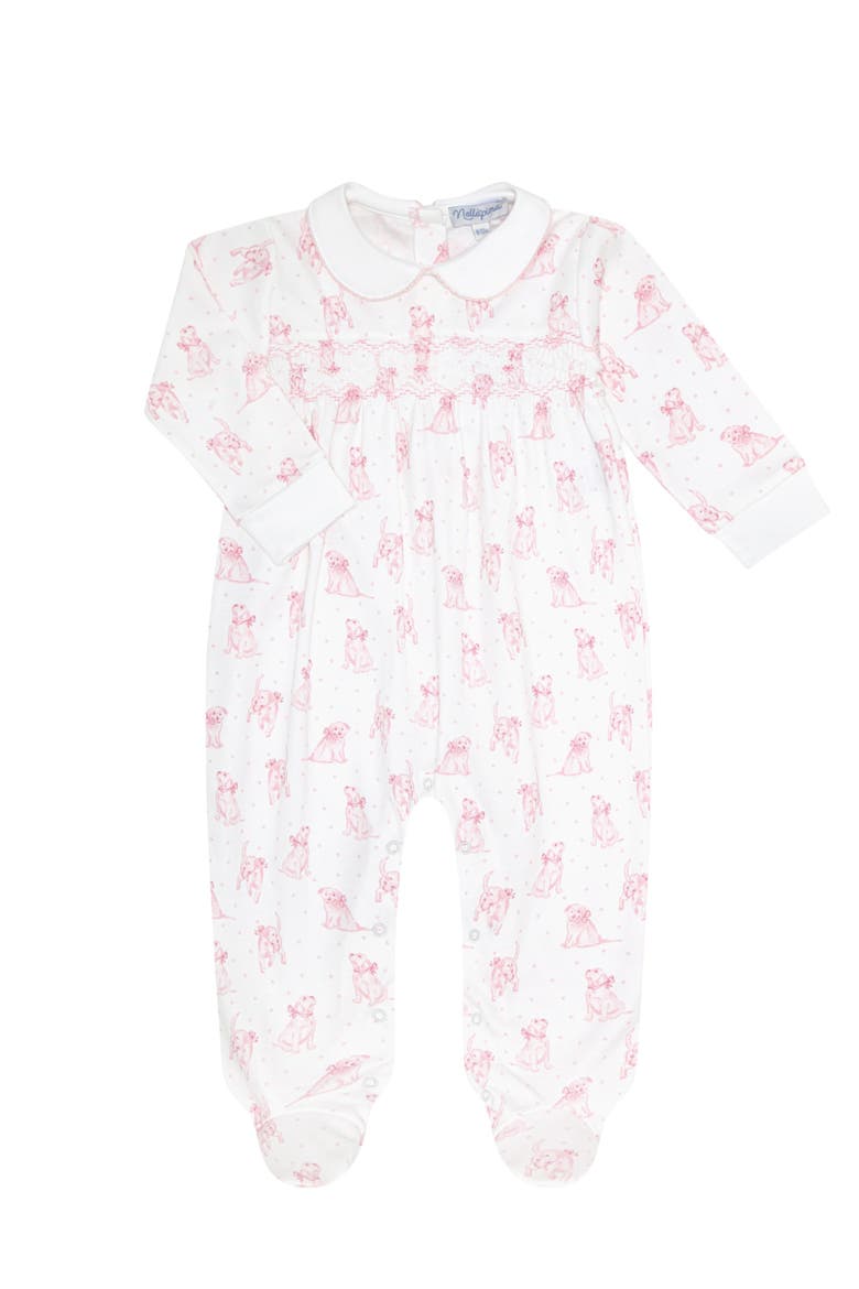 Pink Puppy Love Print Smocked Footie, Main, color, Pink