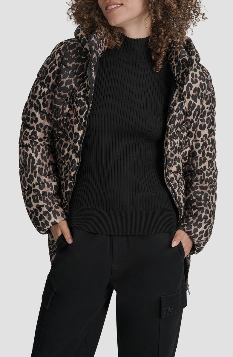 DKNY Cire Packable Hooded Puffer Jacket, Alternate, color, Leopard