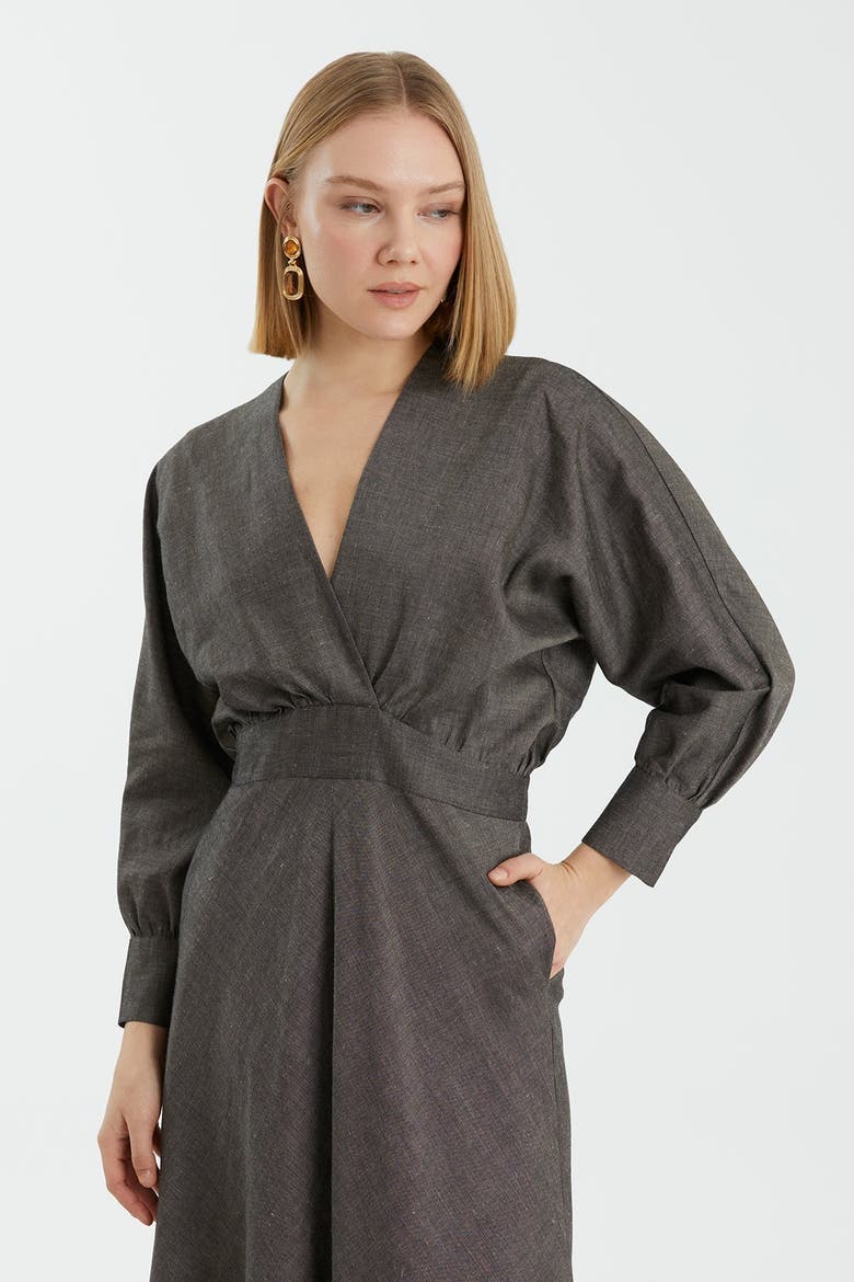 Grey Long-Sleeve Ankle-Length Dress, Main, color, Grey