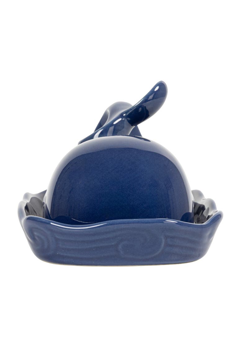 Coastal Stoneware Whale Shaped Butter Dish, Navy Blue, Alternate, color, Blue