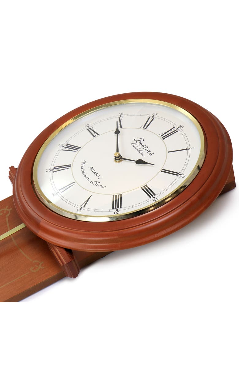 Bedford Clock Collection Olivia 24.5in Cherry Wood Chiming Pendulum Wall Clock, Alternate, color, Cherry Oak