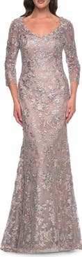 La Femme Beautiful Lace Long Dress with V Neckline and Sleeves