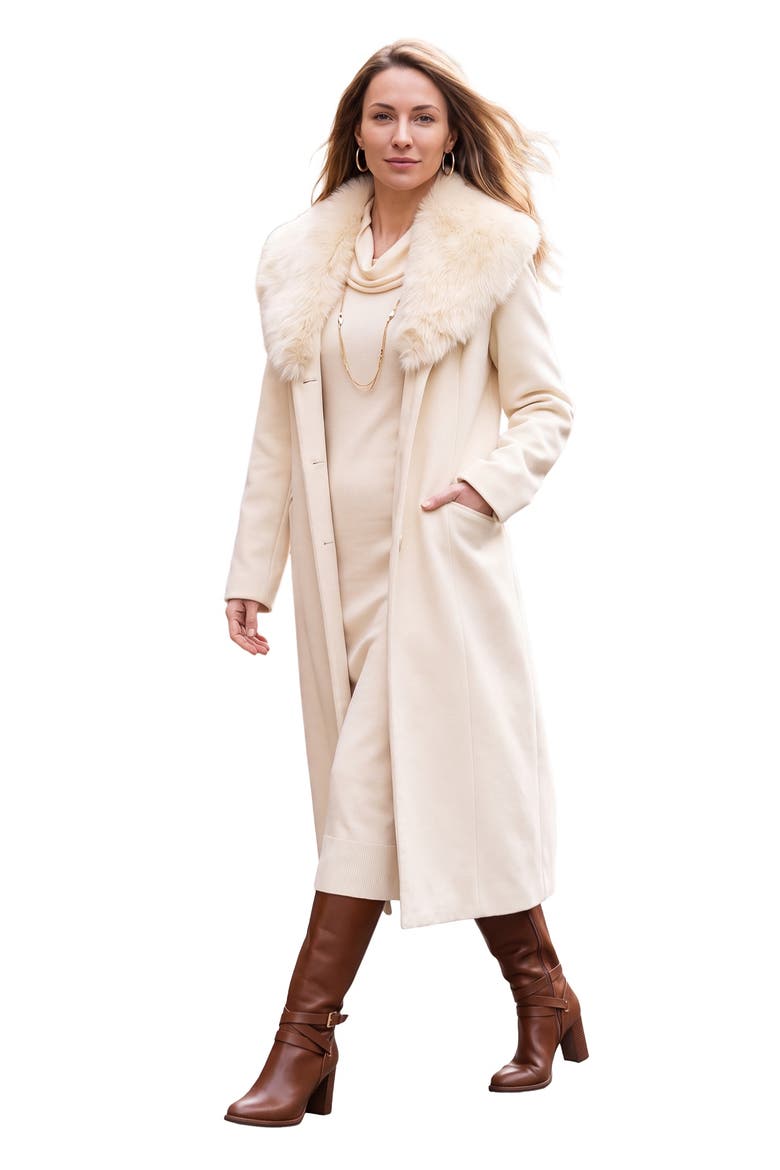 Long Wool Blend Coat With Faux Fur Collar, Main, color, IVORY