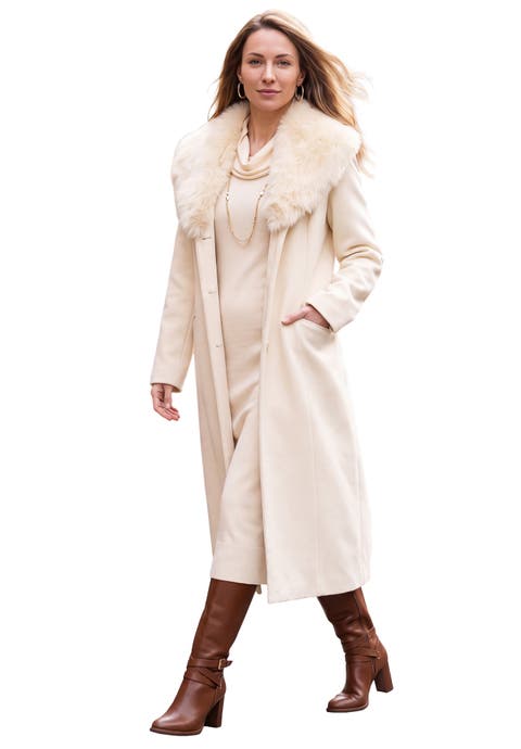 Long Wool Blend Coat With Faux Fur Collar