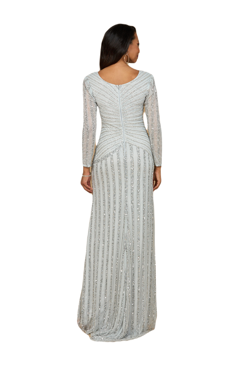 Long Sleeve Beaded Gown, Alternate, color, Silver