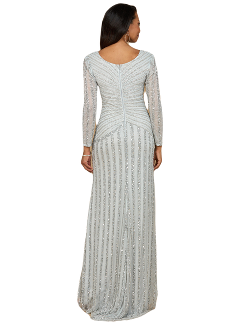 Lara New York Long Sleeve Beaded Gown In Silver