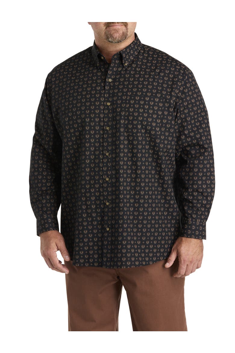 Big & Tall Easy-Care Leaf Print Sport Shirt, Main, color, BLACK