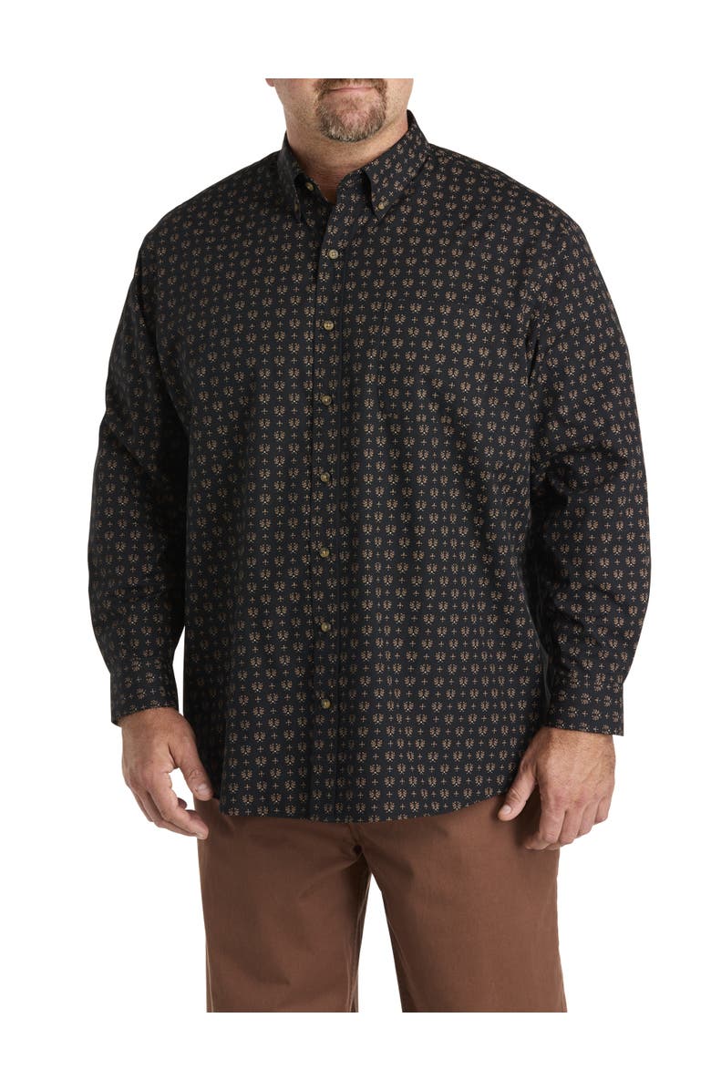 Harbor Bay by DXL Big & Tall Easy-Care Leaf Print Sport Shirt, Main, color, Black