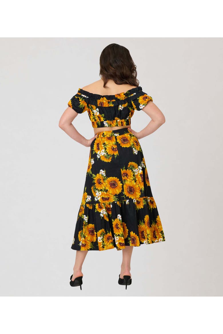 1950s Tiered Midi Skirt, Alternate, color, Black Sunflower Print
