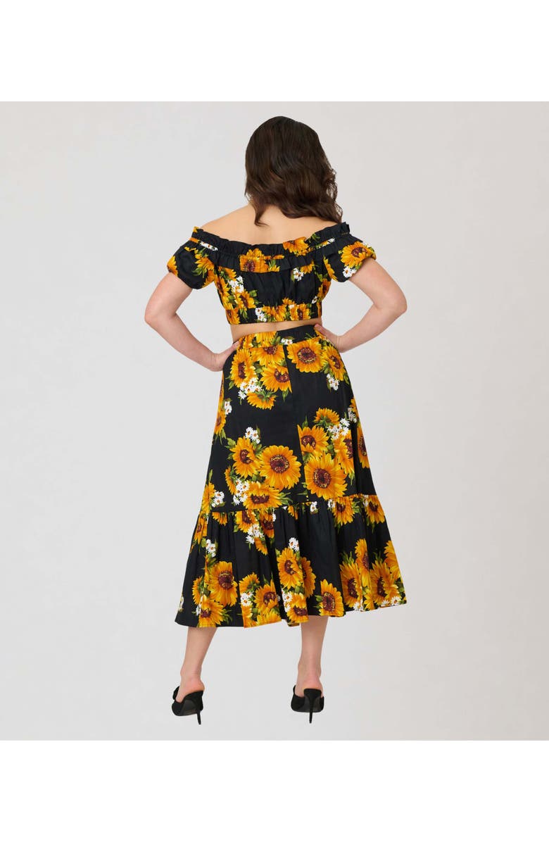Unique Vintage 1950s Tiered Midi Skirt, Alternate, color, Black Sunflower Print