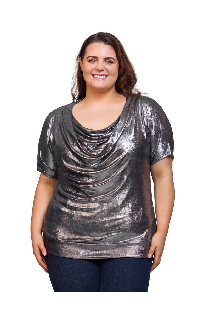 24seven Comfort Apparel Cowl Neck Short Sleeve Top with Banded Bottom, Main, color, Silver