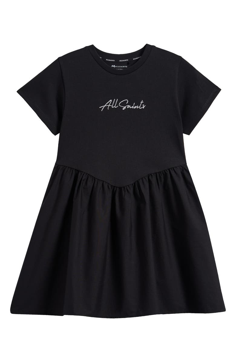 smALLSAINTS by ALLSAINTS Kids' Script Logo Chevron Waist T-Shirt Dress, Main, color, Black