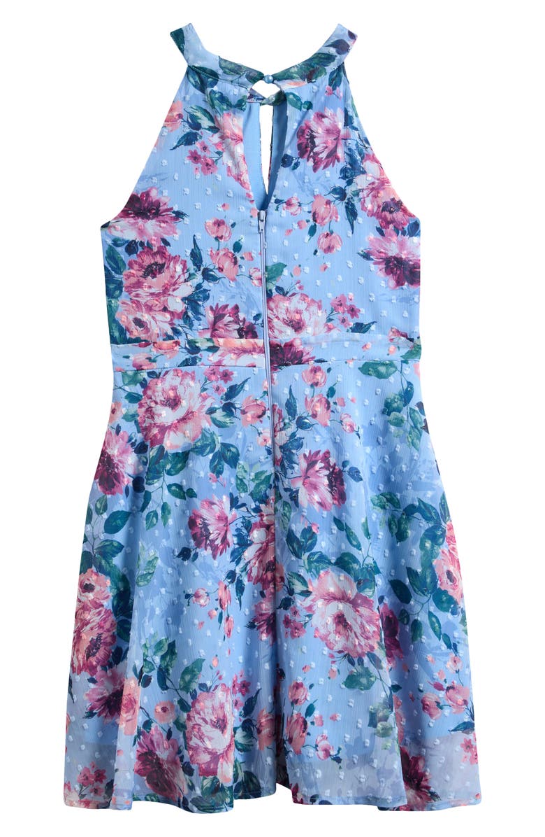 Ava & Yelly Kids' Twist Front Floral Print Skater Dress, Alternate, color, Blue