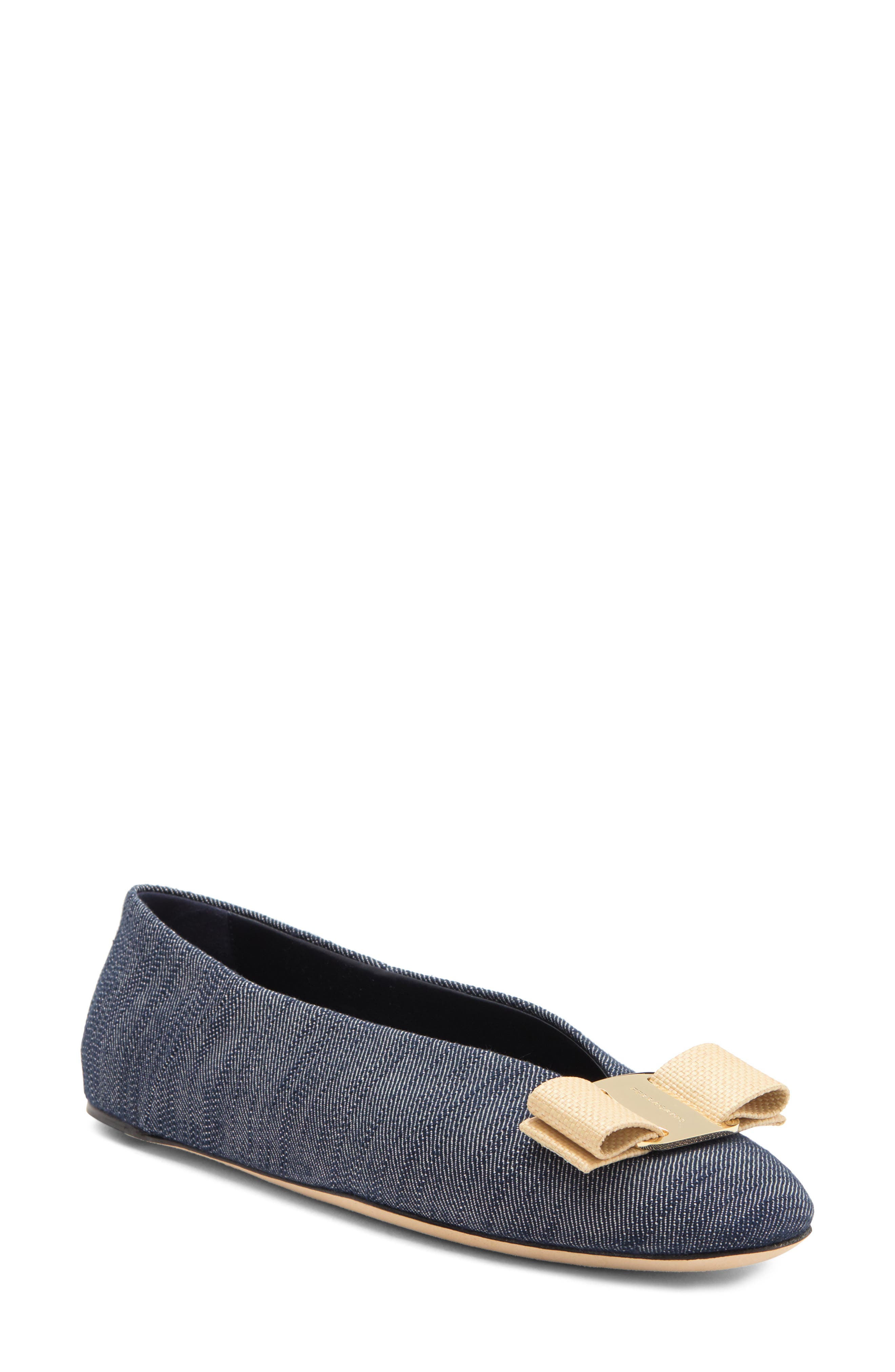 FERRAGAMO Vanna Bow Denim Ballet Flat, Main, color, 