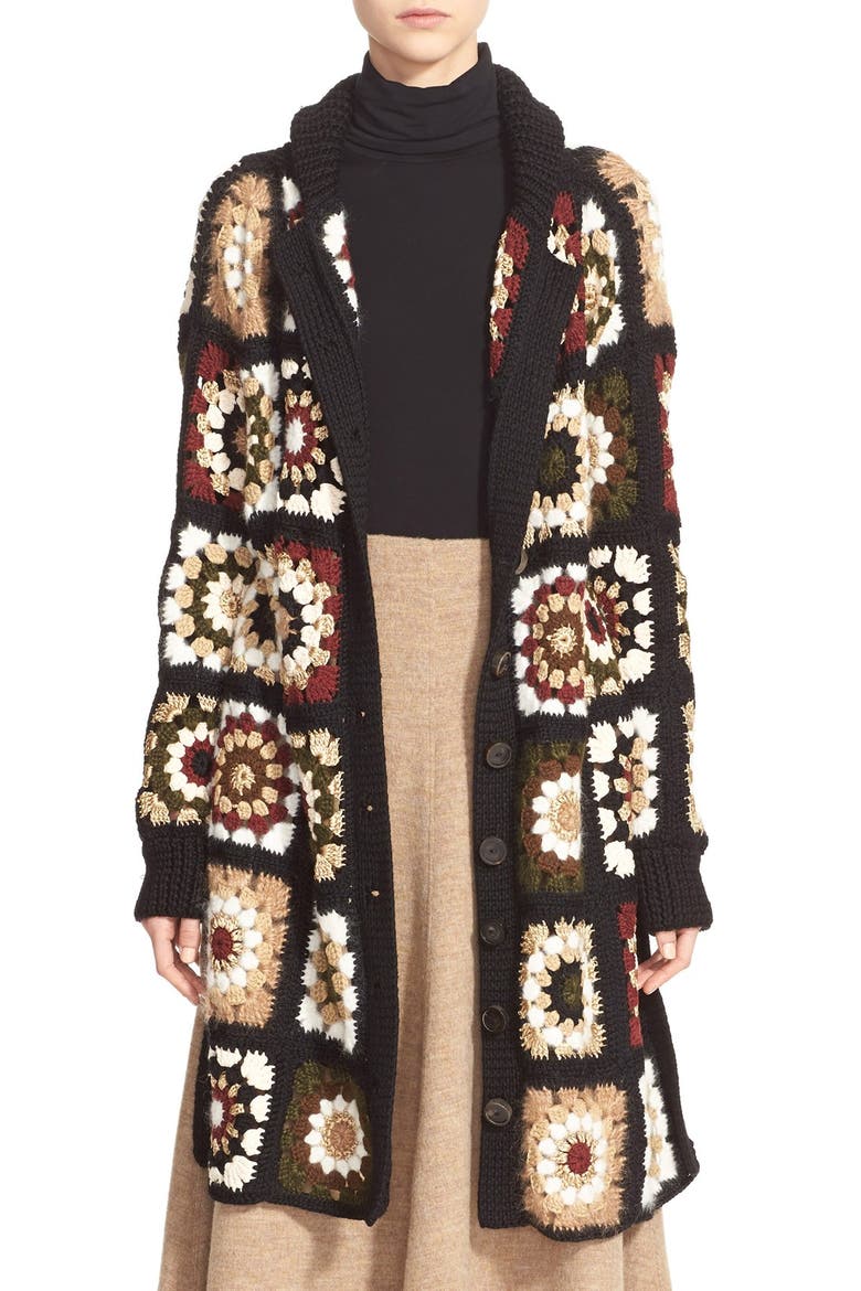 'Granny Square' Mixed Media Cardigan, Main, color, BLACK/ MULTI