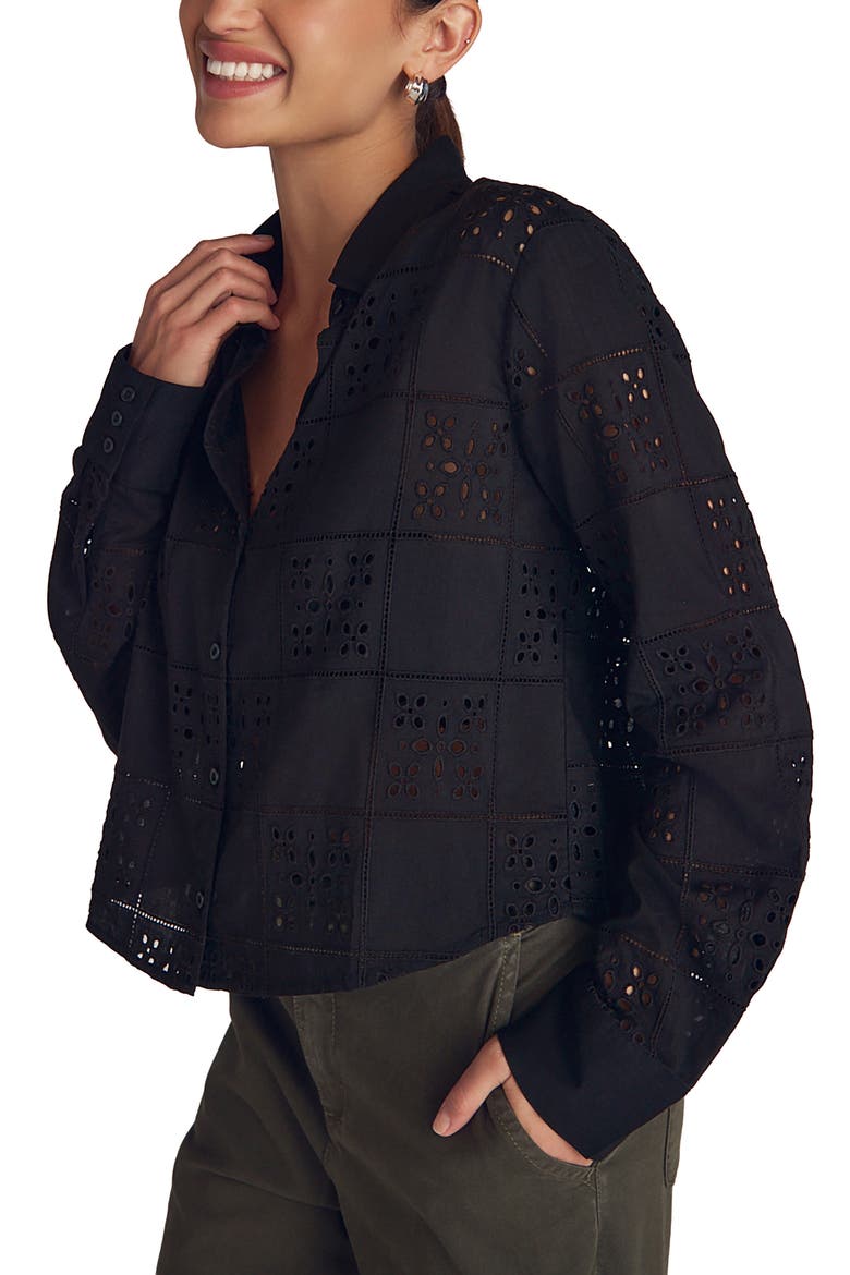 Embroidered Eyelet Button-Up Shirt, Alternate, color, BLACK