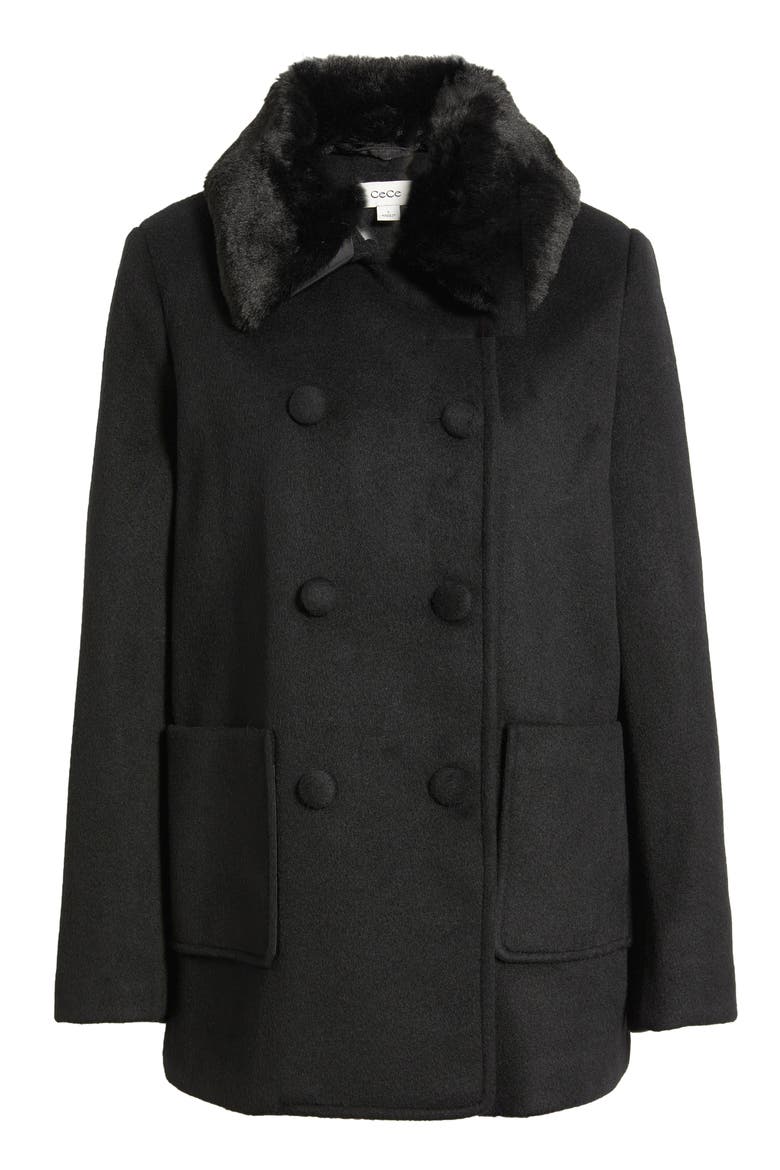 Faux Fur Collar Double Breasted Coat, Alternate, color, BLACK