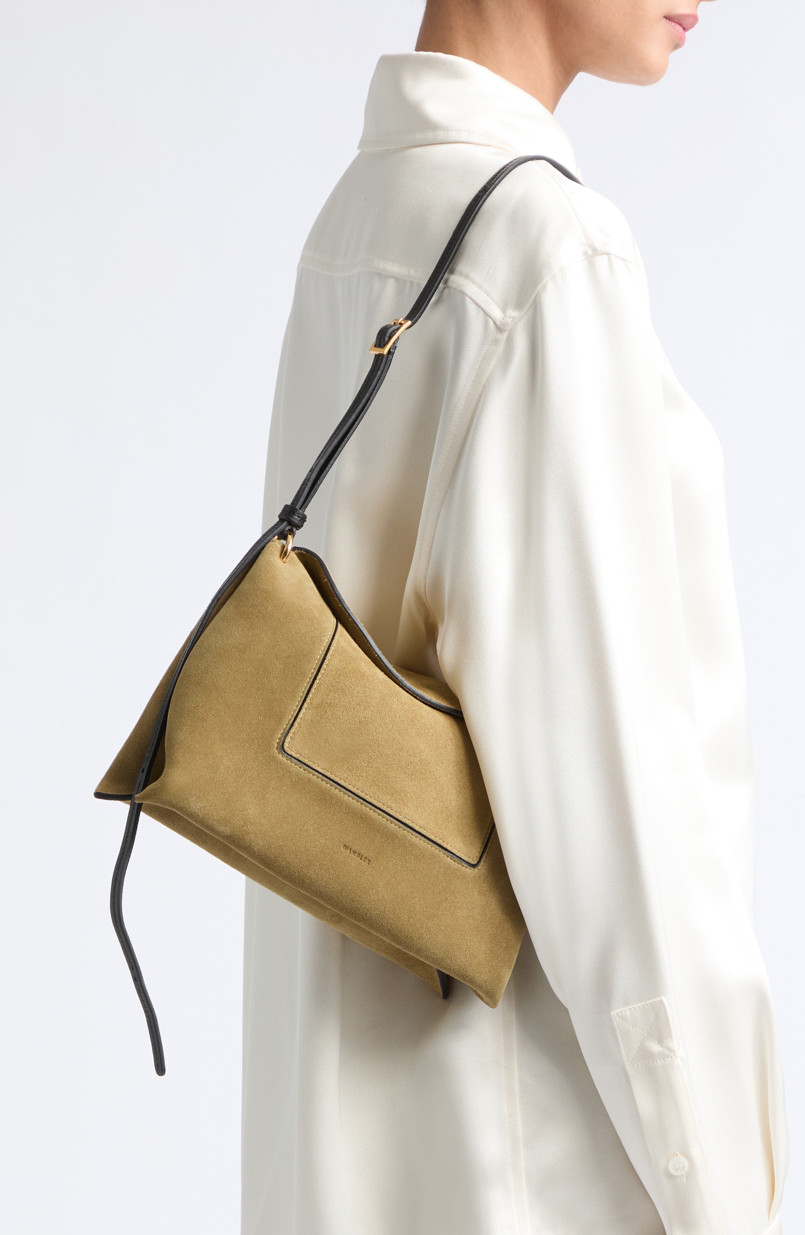Penelope Slouch Suede Shoulder Bag, Alternate, color, KHAKI SUEDE/ BLACK