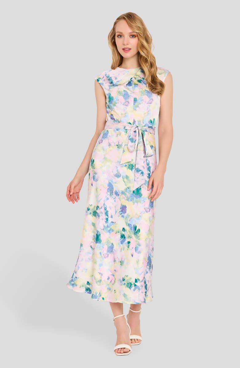 Tahari ASL Abstract Print Cross Neck Sleeveless Midi Dress, Alternate, color, Blush Buttercup