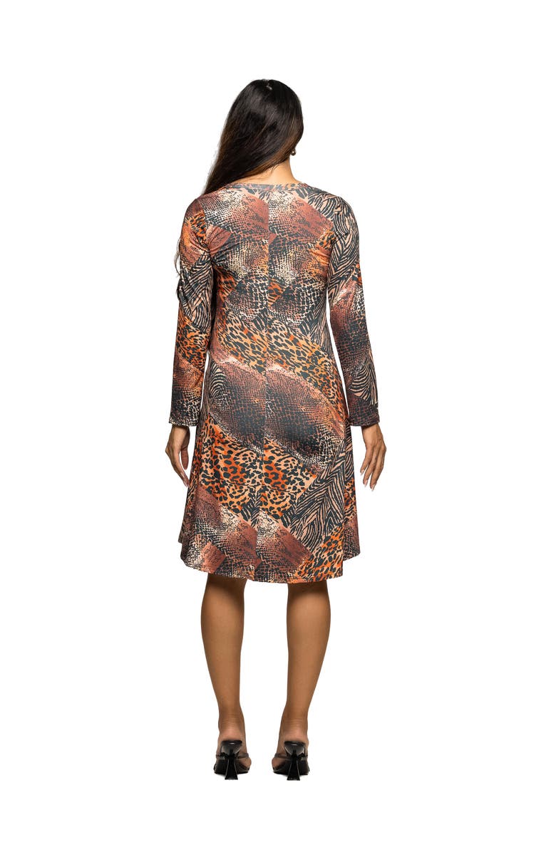 24seven Comfort Apparel Long Sleeve Fit and Flare Dress in Animal Print, Alternate, color, Brown Multi