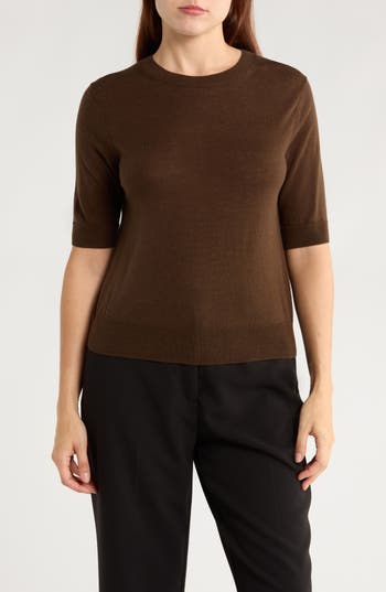 Vince Short Sleeve Wool Blend Sweater In Brown