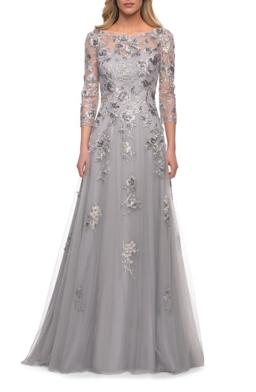 La Femme Beaded Lace Tulle A-line Gown In Silver