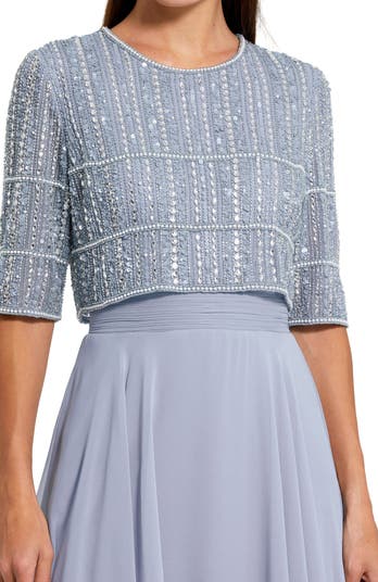 【Mac Duggal】シフォンガウン、フルビーズ3/4スリーブトップ付 Mac Duggal Fully Beaded 3/4 Sleeves Top Chiffon Gown | Nordstrom